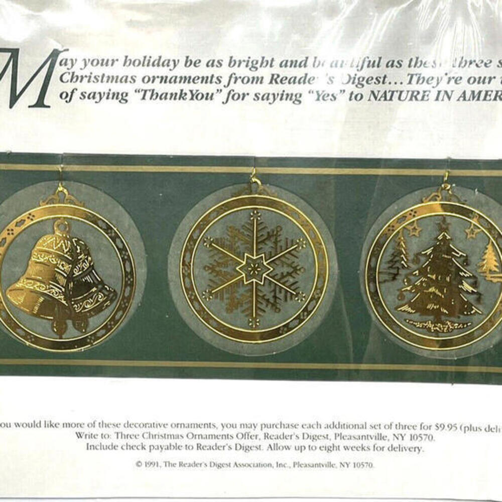 1991 Reader's Digest Brass Christmas‎ Ornaments Set of 3 Tree Snowflake NEW
